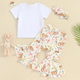 Clothing Sets Toddler Baby Girl Easter Outfit Short Sleeve T-shirt Print Bell Bottom Headband 3Pcs Summer Clothes