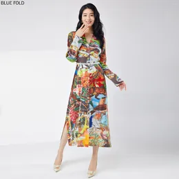 Casual Dresses Miyake PLEATS Spring Women's High-end Printed Single-breasted Slit Fashionable Cardigan Mid-length Dress Elegant Vestido Robe