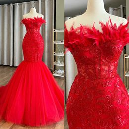 Chic Mermaid Prom Dress Red Feather Ruffles Evening Dresses Lace Formal Party Second Reception Gowns