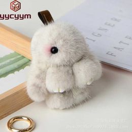 Keychains Lanyards 2024 New 8cm Mini Real Mink Fur Cute Plush Bunny Rabbit Keychain Ladys Girls Bag Car Key Keyring Pompon Pendant Accessories Q240521