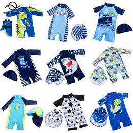 One-Pieces Baby boy swimsuit A childrens swimsuit with a hat UV protection shark print childrens swimsuit d240521