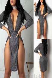 women high side split sexy night clubwear short dress femael long sleeve low cut deep v neck bodycon slim fit party wear dress3355317