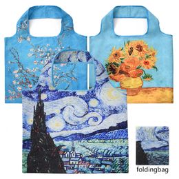 Van Gogh Hand Painted Oil Painting Shopping Bag Famous Pattern Storage Portable Foldable Travel One Shoulder 240516