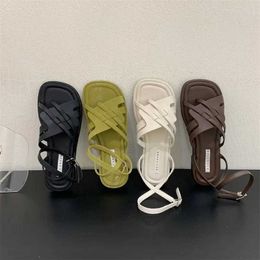 Sandals Low Slipper Woman Leather Low-heeled Fabric Rubber Hoof Heels Buckle Strap Slides H240521