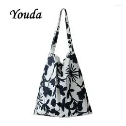 Shoulder Bags Youda 2024 Portable Ladies Student Print Flowers Tote Women Design Handbag Fashion Large Capacity Cotton Shopping
