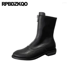 Boots Big Size Zip Up Shoes Ankle Height Increasing 10 Block Front Zipper 11 Chunky Women Goodyear Welted Genuine Leather Plus