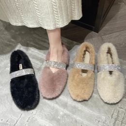Casual Shoes Pink Fur Loafers Women Luxury Furry Ballet Flats Ladies Winter Warm Plush Party With Bling Rhinestone Belt