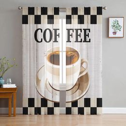 Curtain Coffee Retro Wood Grain Plaid Sheer Curtains For Living Room Decoration Window Kitchen Tulle Voile Organza