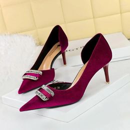 Dress Shoes Women 7cm High Heels Rhinestone Pumps Lady Sexy Shallow Pointed Toe Velvet Wedding Female Purple Pink Green