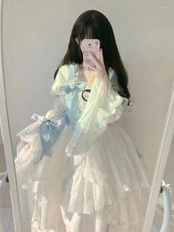 Casual Dresses Summer Japanese Harajuku Bow Splicing White Dress Girl Fashion Lolita Temperament Kawaii Sweet Long Sleeve
