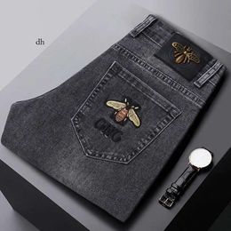 Fashion Spring Mens Slim Elastic Jeans Bee Embroidery Business Denim Pants Classic Style F9