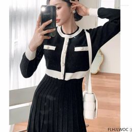 Casual Dresses Warm Winter Spring Basic Wear Pleated Vestidos Women French Style Chic Korea Design A Line Patchwork Long Knitted Sweater