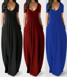 Casual Dresses Women Maxi Dress Summer Vneck Solid Long Fashion Pockets Short Sleeve Loose Female Vestidos Plus Size7608778