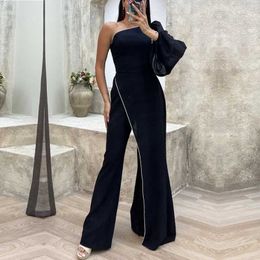 Women's Jumpsuits Rompers Women Streamer Spicing Wrap One Shoulder Wide Leg Straight Jumpsuit Autumn Sexy Party Evening INS Playsuit One Piece Suit Romper Y240521