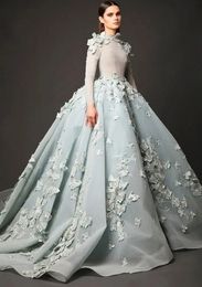High Neck Prom Birthday Dresses Elie Saab 2024 3D Flower Lace Arabic Evening Dress Long Sleeves Vintage Red Carpet Celebrity Party Gown Custom Made