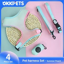 OKKPETS 4in1 Dog Harness Collar Leash Poop Bag Accessories Polyester Gradient Colour Pet Harness Set For Small Medium Large Dogs 240518