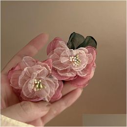 Stud Girls Heart Pinkmesh Gauze Flower Earrings For Women S925 Sier Post Drop Delivery Jewellery Dhgarden Dhfmy