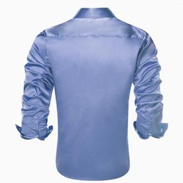 Men's Casual Shirts Hi-Tie Haze Blue Solid Silk Mens Lapel Long Sleeve Dress Shirt Soft Blouse For Male Formal Wedding Business Gift