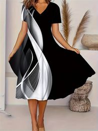 Plus Size 2024 Spring and Summer Womens Loose Casual Vneck Short Sleeve Dress Irregular Pattern Dresses 240514