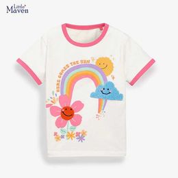 T-shirts Little maven Toddler Girls Tops T Shirts Come The Sun Rainbow Cute Girls Short Sleeve Clothes 2 to 7 year Children Girls Shirt Y240521