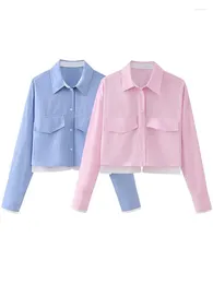 Women's Blouses Women Fashion With Pockets Solid Single Breasted Cropped Blouse Vintage Lapel Neck Long Sleeves Female Chic Lady