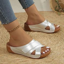 Slippers Fashion Silver Wedge Sandals For Women's Summer 2024 Casual Platform Slides Woman Comfortable Lightweight Beach Female