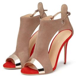 Design Women New Fashion Peep Toe Suede Leather Gladiator Cut-out Patchwork Thin High Heel Sandals For dd6