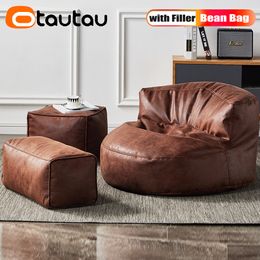 OTAUTAU Top Faux Leather Bean Bag Sofa Set with Filling Beanbag Chair Ottoman Pouf Stool Corner Seat Footrest Furniture DD6XB1C