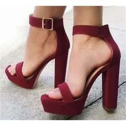 Summer New Fashion Women Suede Leather Platform Chunky Ankle Strap Buckle Hig 4b0