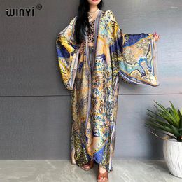 Summer Bohemian Print Beachwear Bikini Cover-ups Elegant Africa Kimono Cardigan Sexy Long Sleeve Silk Feeling Loose Dress