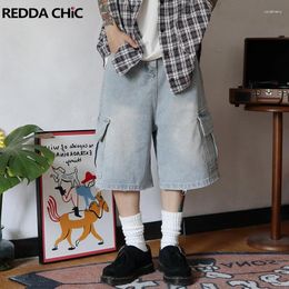 Men's Jeans REDDACHIC Skater Men Cargo Pockets Baggy Jorts Frayed Summer Demin Shorts Light Wash Casual Wide Pants Korean Vintage Clothing