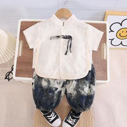 Clothing Sets Summer Baby Boy Clothes 2024 Toddler Boutique Outfits For Kids Chinese Style Standing Collar Cardigan Shirts And Shorts Boys