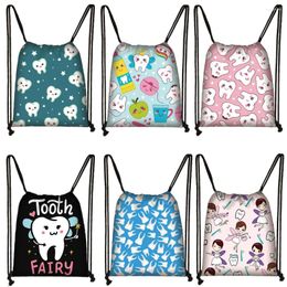 Backpack Style Teeth And Tooth Fairy Print Women Drawstring Bag Dental Hygienist Girls Storage Bags For Travel Bookbag Shoes Holder