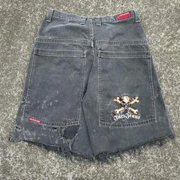 Men's Pants JNCO Series Skull Pattern Printed Denim Shorts Skateboard Hip Hop Loose Fashion Y2k Washed High Waist Wide Leg
