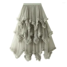 Skirts Tulle Long Skirt For Women 2024 Spring Summer Fashionable Irregular Hem High Waist Maxi Tiered Mesh Female Green L561