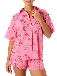 Home Clothing Women's 2 Piece Lounge Set Short Sleeve Lapel Button Up Tops Sun Tropical Tree Print Shorts Sleepwear Sets