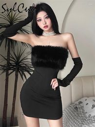 Casual Dresses Sylcue Winter Evening Party Formal Elegant Sexy Mature Beautiful Confident Women'S Black Chest Wrap Dress With Sleeve