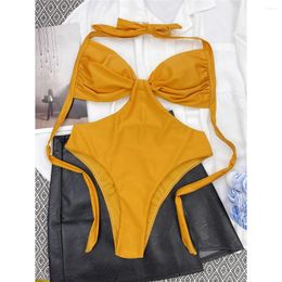 Women's Swimwear Wrinkled Halter Cut Out One Piece Swimsuit Women Female Monokini Backless Padded Bather Bathing Suit Swim Lady K3586