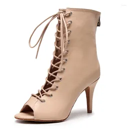 Dance Shoes Woman Biege Latin Booties Lace Up Ankle Bootie Women Suede Leather Stiletto Heel Boots Heels Flare 7.5cm/9cm