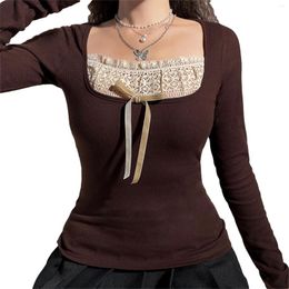 Women's T Shirts Kawaii Long Sleeve Knitted Tops Lace Stitching Neckline Knitwear Bowknot Patchwork Slim-Fit T-shirt Pullovers Clubwear