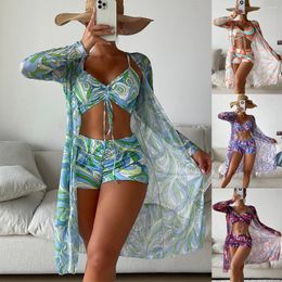 Women's Swimwear Long Sleeve Printed Three Piece Set High Waist Bikini Women Swimsuit Beach Style Sexy Bathing Suit