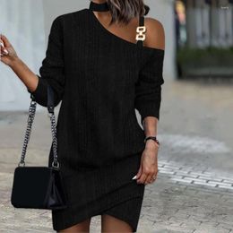 Casual Dresses Lady Spring Dress Chic One Shoulder Mini Women's Fall/winter Loose Chain Decor Long Sleeve Solid Colour Pullover Above Knee