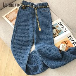 Women's Jeans Autumn All-match Higt Waist Pockets Patchwork Button Wide Leg Pants Washed Zipper Loose Advanced Blue Women Straight Trend