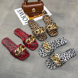 Slippers 2024 Leopard Open Toe Flats Sexy Women Summer Square Beach Shoes Woman Cosy Outwear Slides Zapatos De Mujer