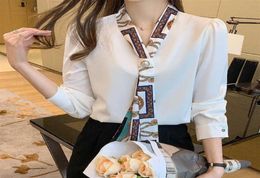 Scarf Collar Shirts Woman Long Sleeve Chiffon Blouse Women 2021 New Spring Blouses Casual White Green Puff Sleeve Shirt Femme X0703091426