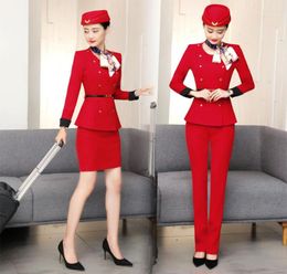 Women039s Two Piece Pants IZICFLY Style Red Airline Stewardess Clothes Women Pant Suit El Reception SPA Restaurant Waitress Uni3571553