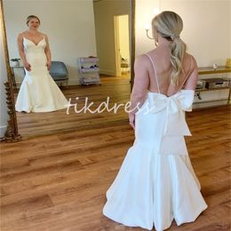 Minimalist Spaghetti Straps Satin Wedding Dresses Plus Size Soft Satin Country Garden Bridal Dress Elegant Bow Back Boho Beach Bride Gown 2024 Bohemain Mermaid