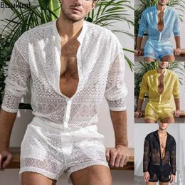 Summer Mens Two Piece Suits Sets See Through Lace Outfits Beach Plain Pattern Print Long Sleeved Tops And Shorts Set Male 240520