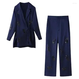 Women's Two Piece Pants Elegant Suit Sequin Satin Kimono Jacket Shirt Blouse 2024 High-Waisted Wide-Legged Two-Piece Clothing