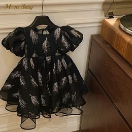 Baby Girl Princess Puff Sleeves Tutu Dress Gold Feather Baby Vintage Vestido Party Dress Birthday Baby Clothing 1-12Y 240514